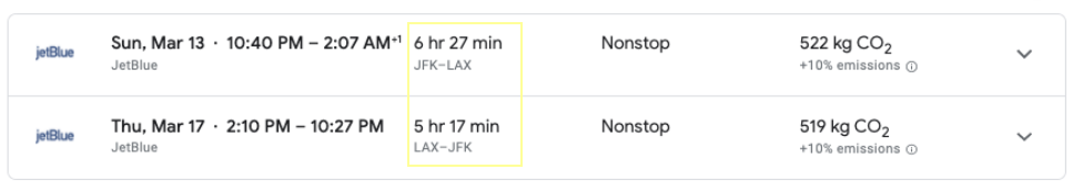 Flight times from NYC to LAX  - effects of jetstream on flight time