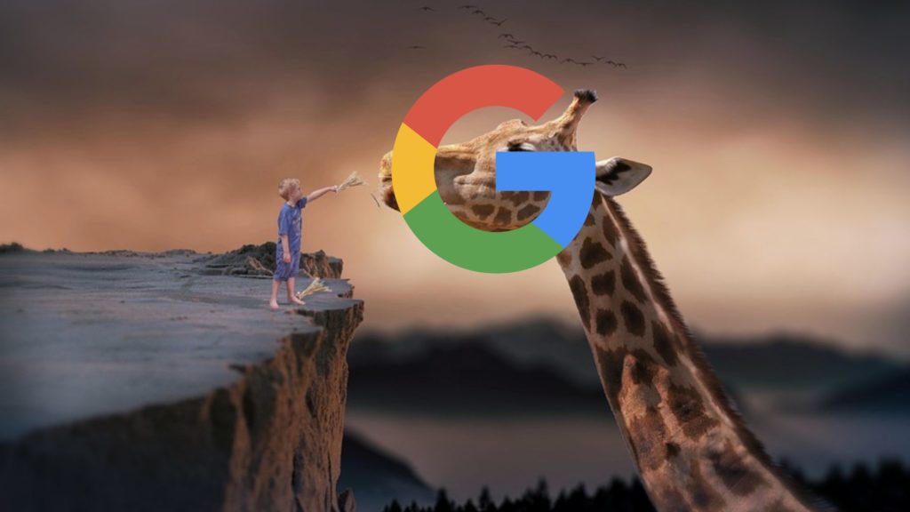 a boy feeding a giraffe with the google logo overlayed on giraffe to indicate a sense of feeding the google algorithm 