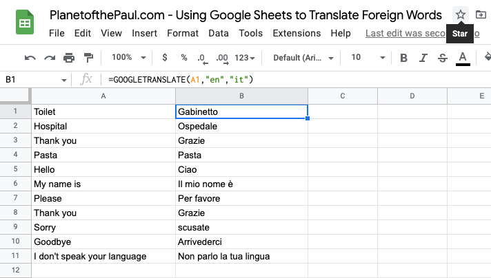 Google sheets translate italian