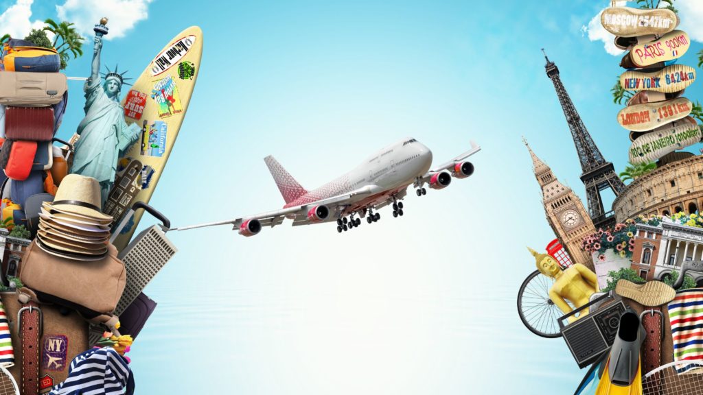 A plane flying through different world landmarks. Decorative for travel