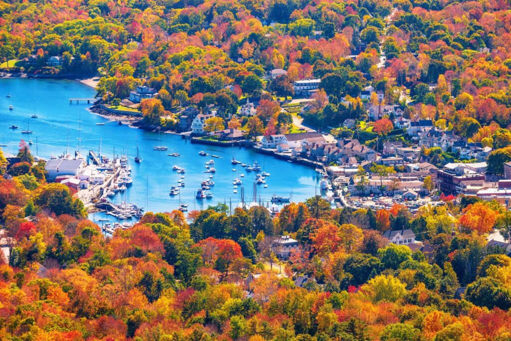 Ariel view of Camden Maine in the fall