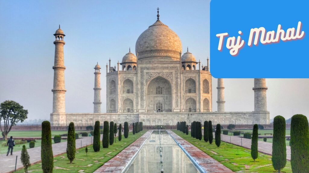 Taj Mahal in India looking over pool