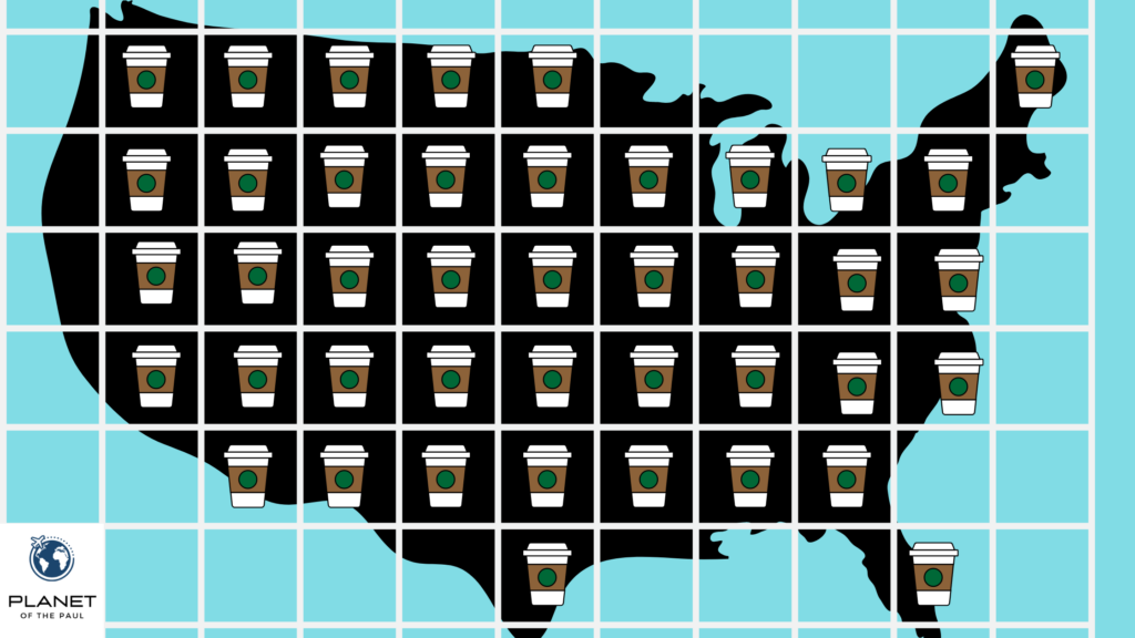 Map of United States with a grid overlay showing equally spaced starbucks stores locations for illustrative use.
