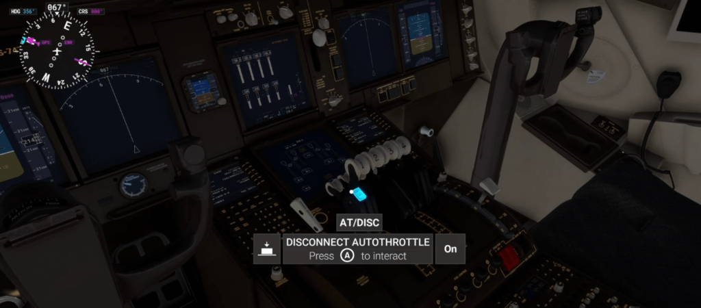 internal cockpit view 747 flight sim, showing visually where the AT/DISC button is