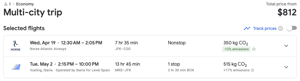 screenshot for open jaw flight result on google flights