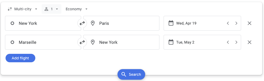 screenshot of google flights multi city functionality for search