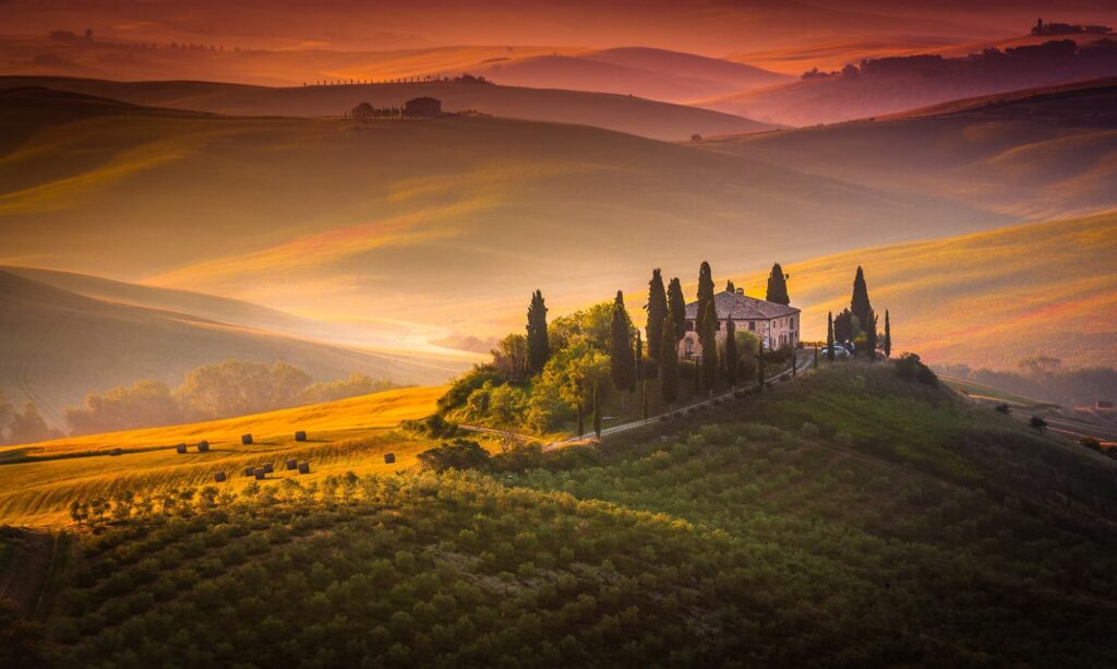 Tuscany Italy, looking over rolling hills and estate