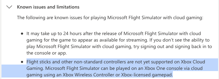 Xbox cloud gaming limitation linking to written policy on Xbox site. Can't use joysticks in cloud gaming like flight simulator