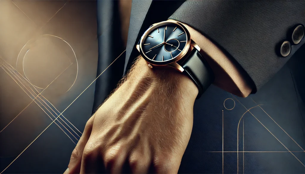 man against abstract background with blue chrome watch protruding from under suit jacket arm