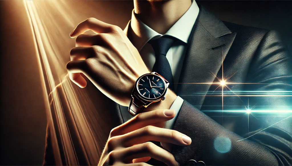 A man in a suit with slender wrist displaying a black and gold wristwatch while sun shines down