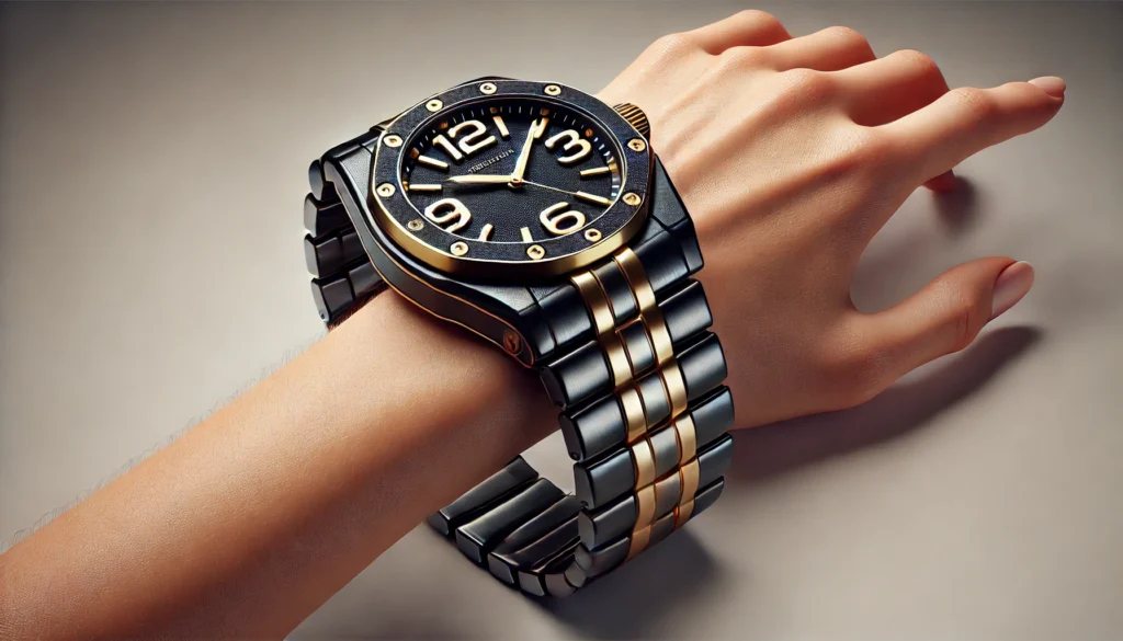 A bulky black and gold watch on an extremely thin wrist, appearing oversized and unbalanced, emphasizing why proportion matters when choosing a timepiece.